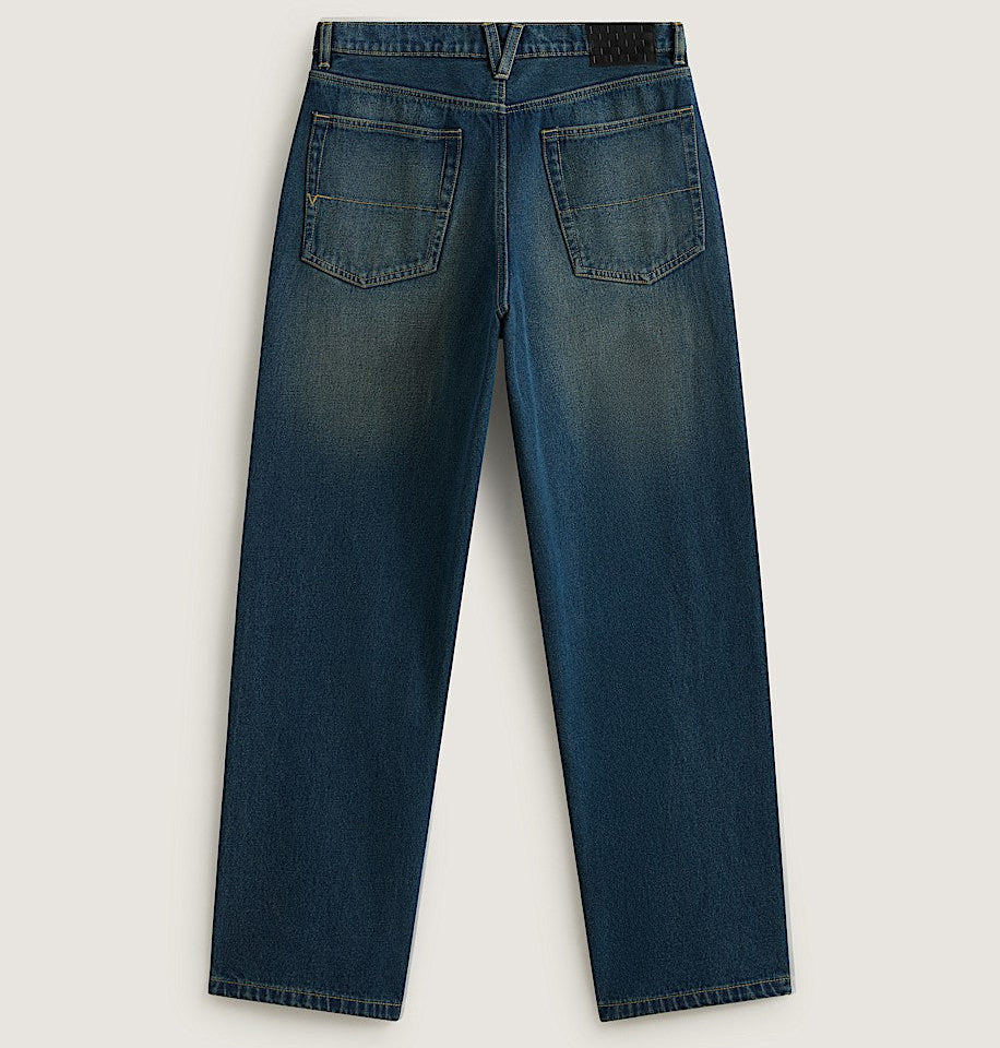 Back view of dark blue denim jeans with a faded wash, featuring classic five-pocket styling and a straight-leg fit, shown on a light gray background.