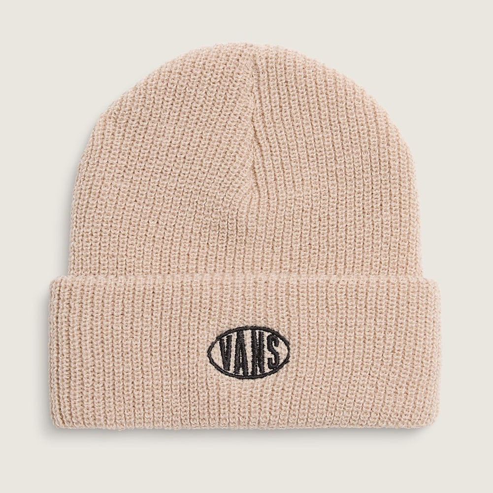 Beige knit beanie with a logo on a light beige background