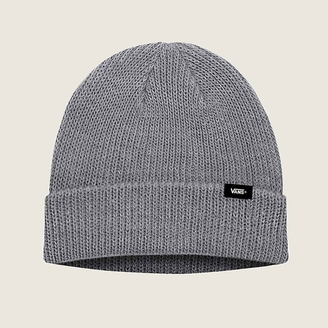 Gray beanie with a brand logo on a beige background