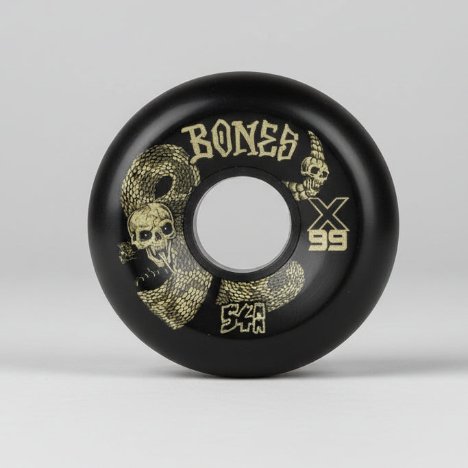 Bones skateboard wheel with snake design and '99' text on a black background