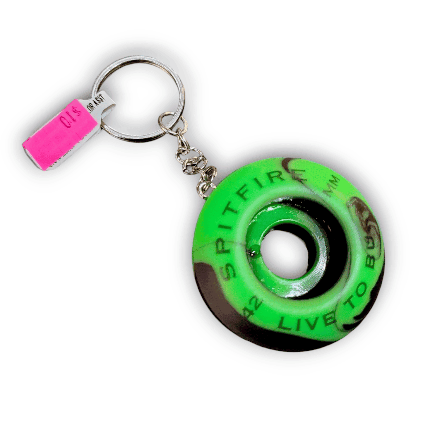 Green Spitfire skateboard wheel keychain on a white background