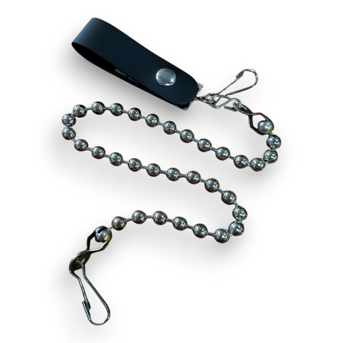 Black lanyard with metal beads on a white background