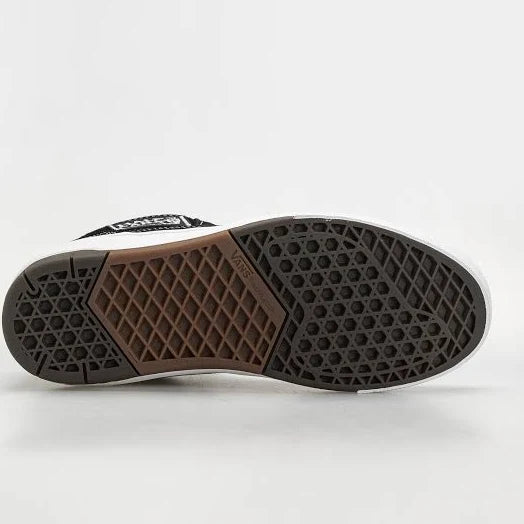 Close-up of a black and brown sneaker sole on a white background