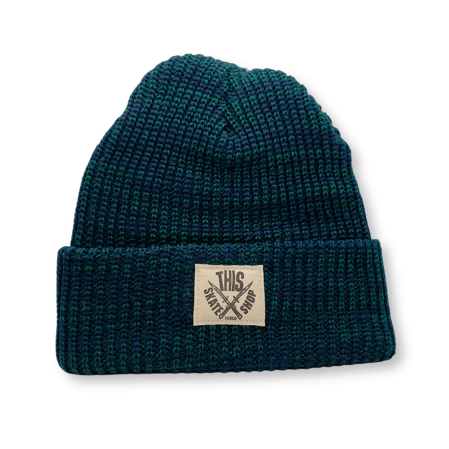 THIS Skateshop | Marled Knit Beanie - Navy/Green - White Patch