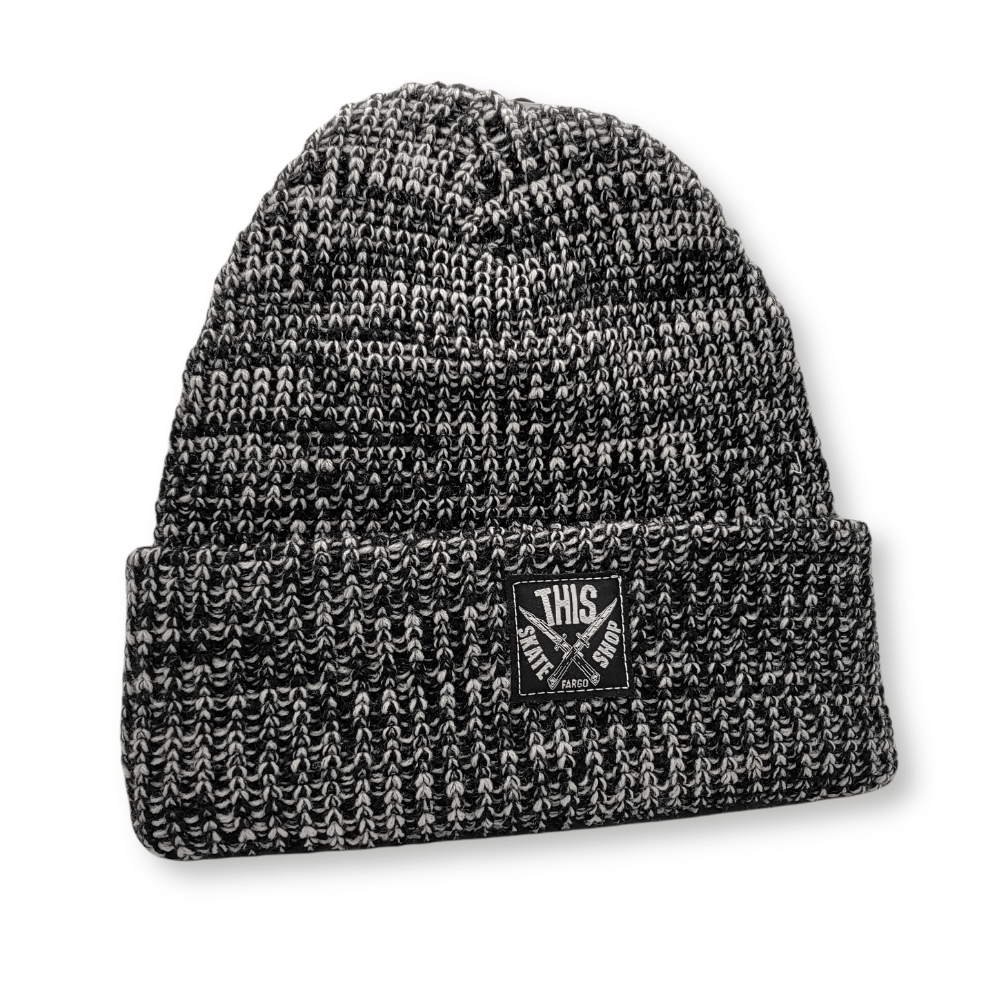 THIS Skateshop | Marled Knit Beanie - Black/White - Black Patch