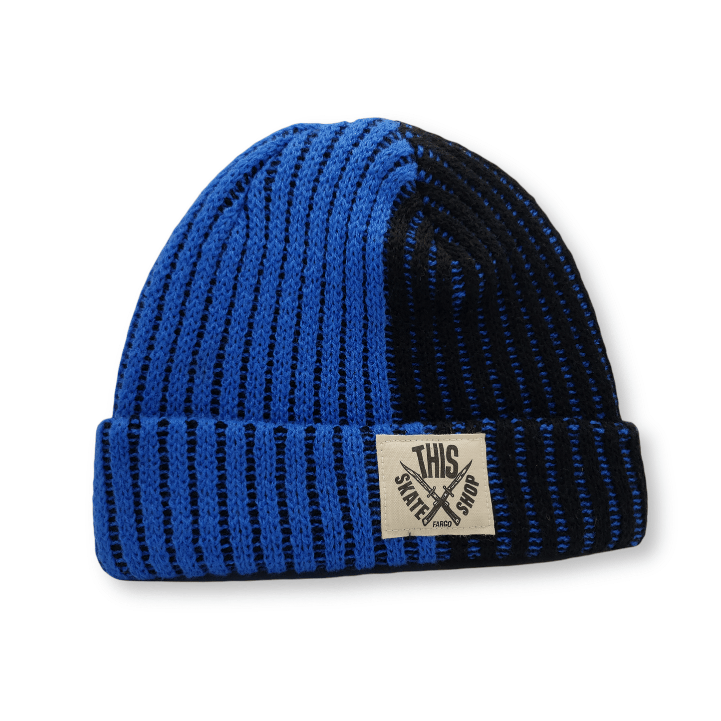 THIS Skateshop | Korea Split Knit Beanie - Black/Blue - White Patch