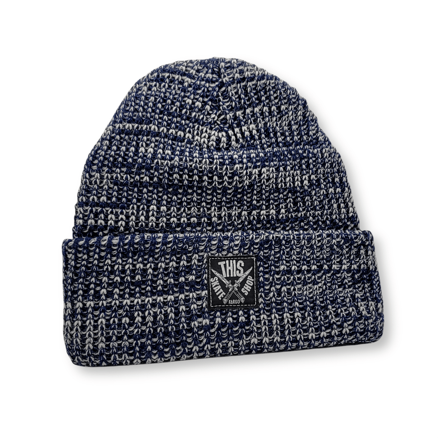 THIS Skateshop | Marled Knit Beanie - Navy/White - Black Patch