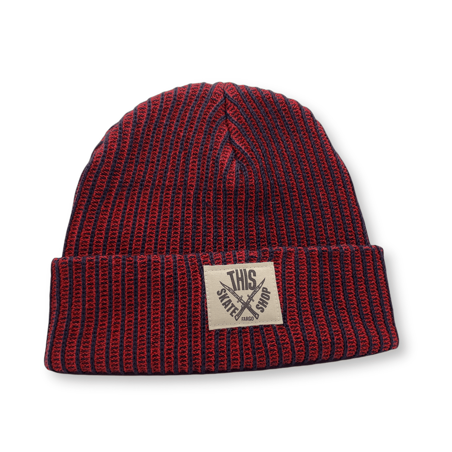 THIS Skateshop | Korea Stripe Knit Beanie - Navy/Red - White Patch