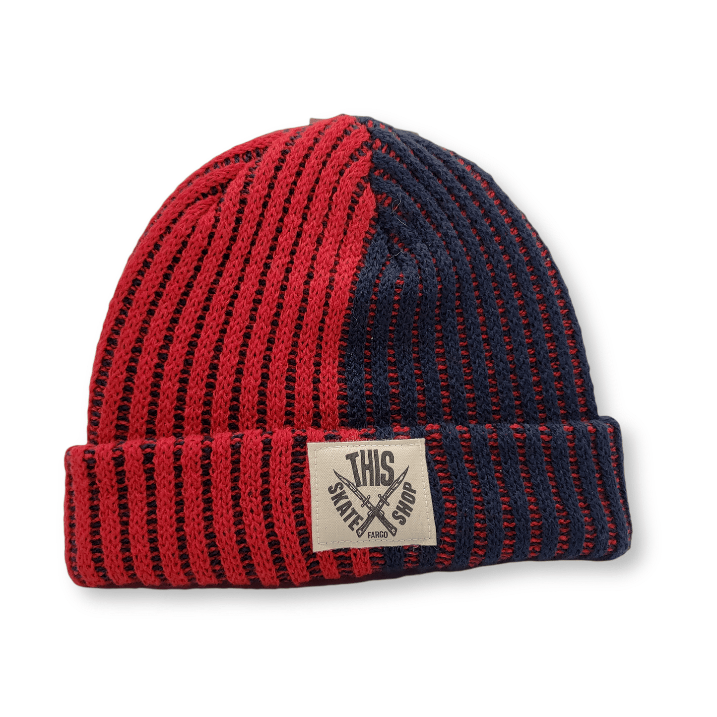 THIS Skateshop | Korea Split Knit Beanie - Navy/Red - White Patch