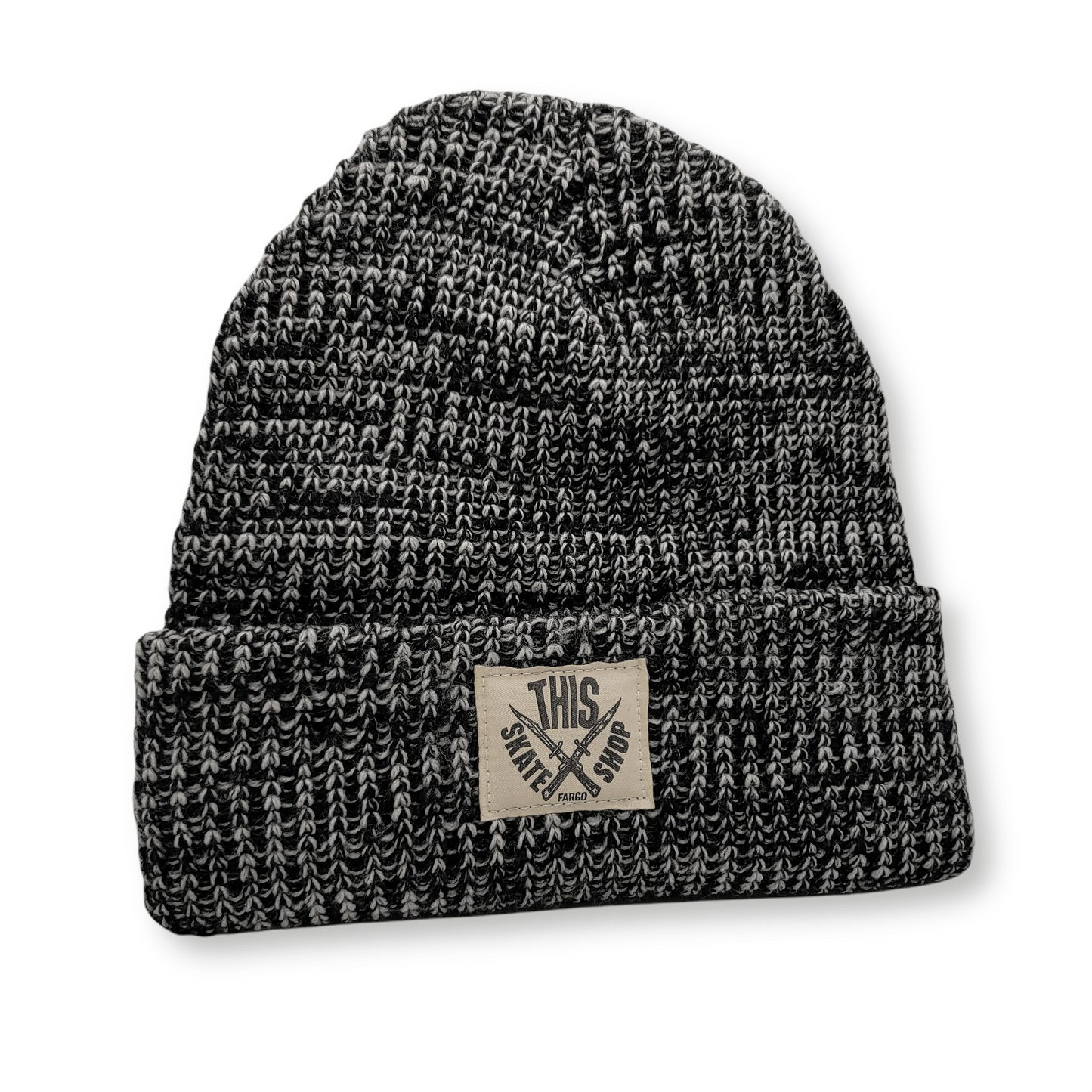 THIS Skateshop | Marled Knit Beanie - Black/White - White patch