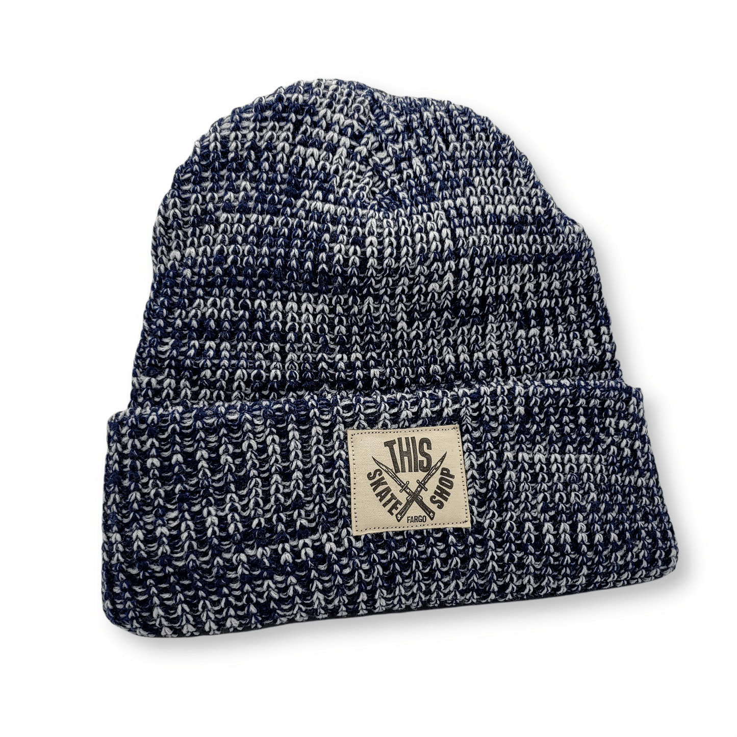 THIS Skateshop | Marled Knit Beanie - Navy/White - White Patch