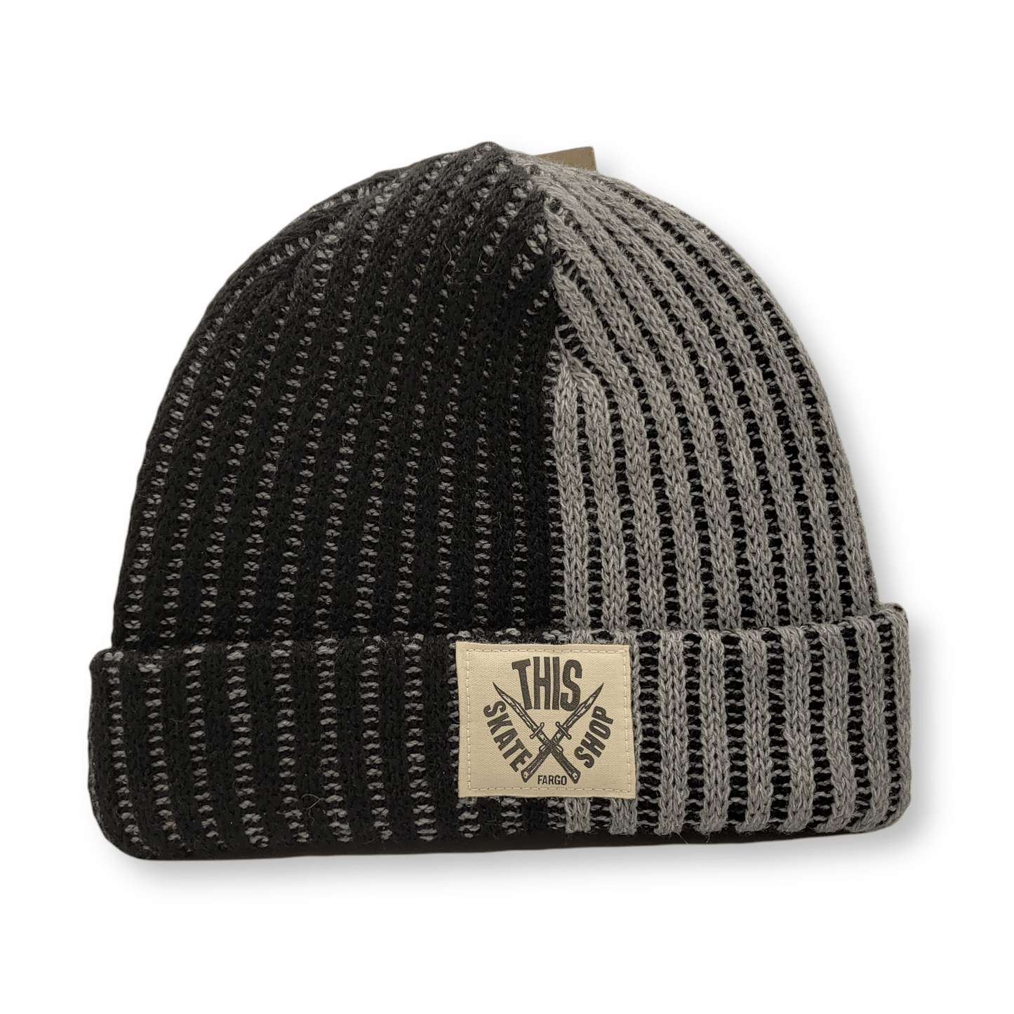 THIS Skateshop | Korea Split Knit Beanie - Black Grey - White Patch