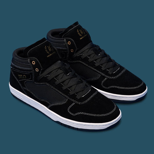 Black high-top sneakers with white soles on a transparent background