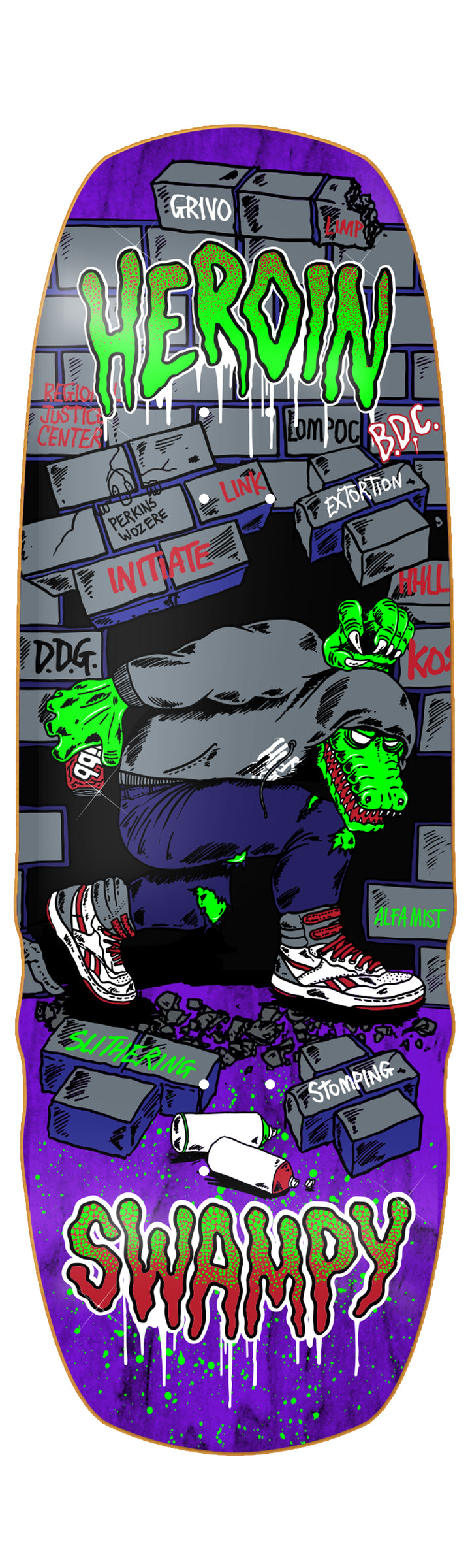 Skateboard deck with 'Heroin' and 'Swampy' graphics on a purple background
