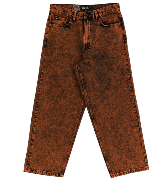 Brown acid-wash jeans on a white background