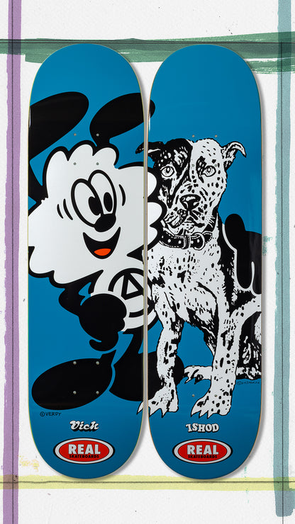 Two skateboard decks with cartoon character designs on a blue background.