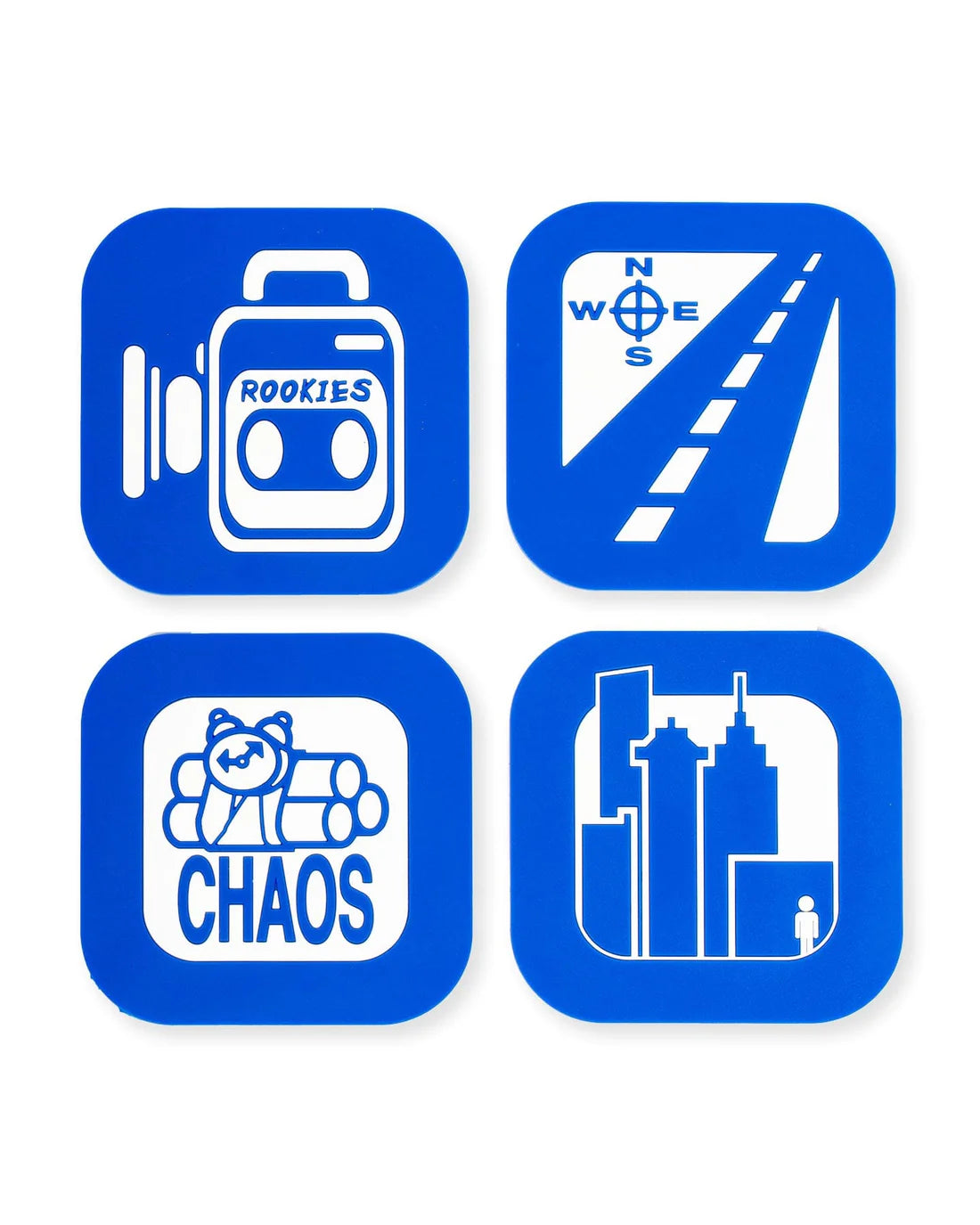Four blue icon sets with white symbols on a white background