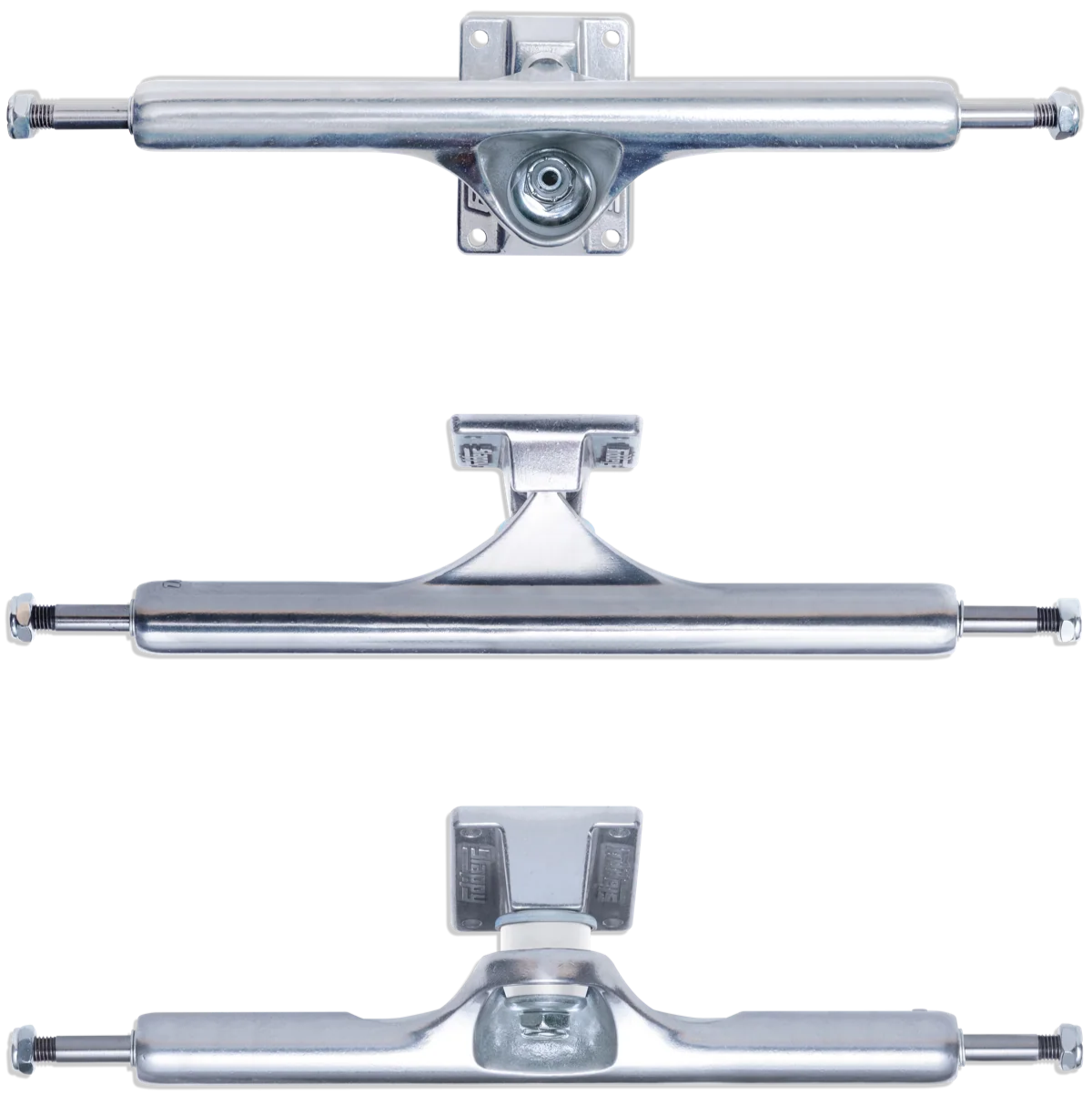 Three skateboard trucks on a white background