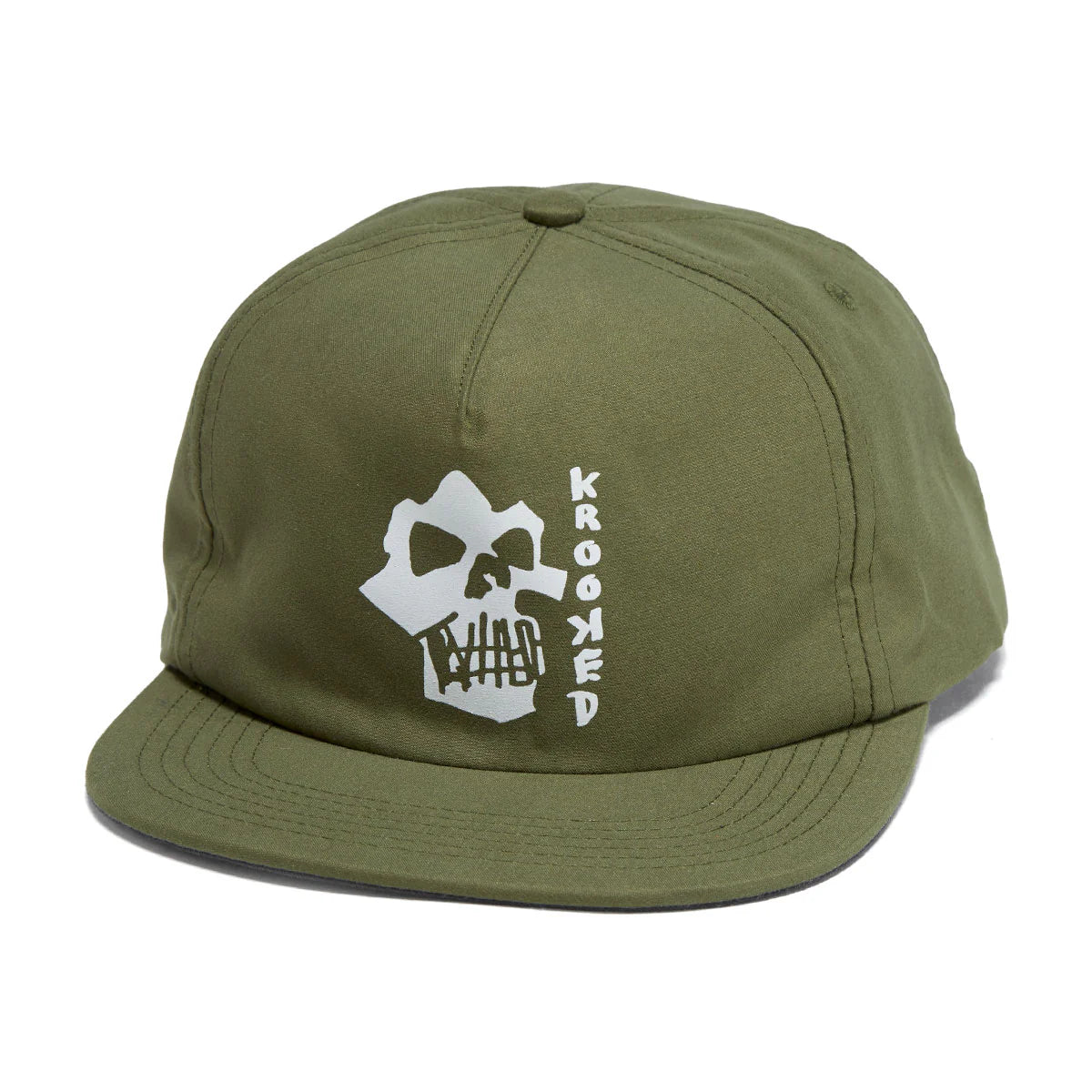 Green cap with white skull and crossbones design on a white background