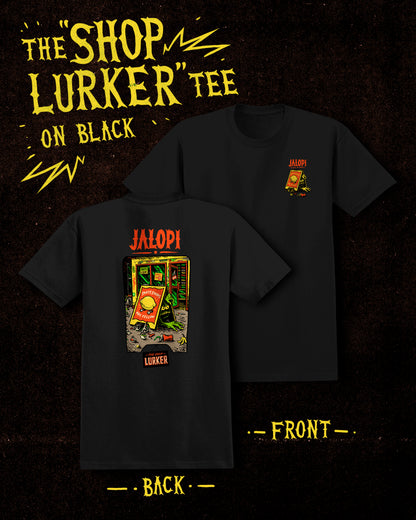 Black t-shirt with graphic design on front and back, featuring 'The Shop Lurker' text.