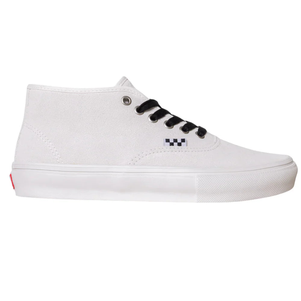 White high-top sneaker with black laces on a white background