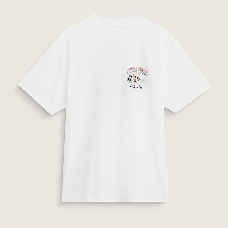 A white short-sleeve crewneck t-shirt with a small colorful graphic on the left chest, displayed flat against a light beige background.