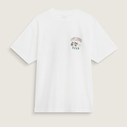 A white short-sleeve crewneck t-shirt with a small colorful graphic on the left chest, displayed flat against a light beige background.