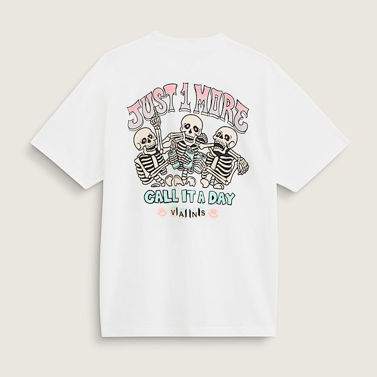 A white short-sleeve t-shirt with a colorful graphic on the back featuring three skeletons and the text 'JUST A HIDE CALL IT A DAY' and 'visits', displayed on a light beige background.