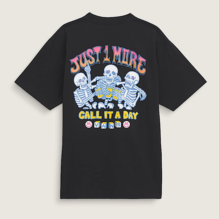 Black t-shirt with colorful skeleton design and text on a beige background