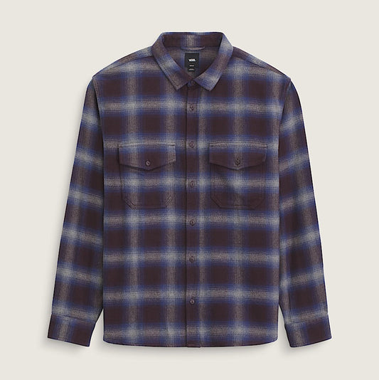 Plaid shirt with a pattern of blue and purple on a light gray background