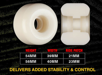 Bones V8 Double Wides skateboard wheels with product details on a black background