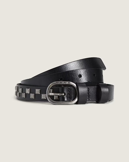 Black leather belt with silver buckle on a light gray background