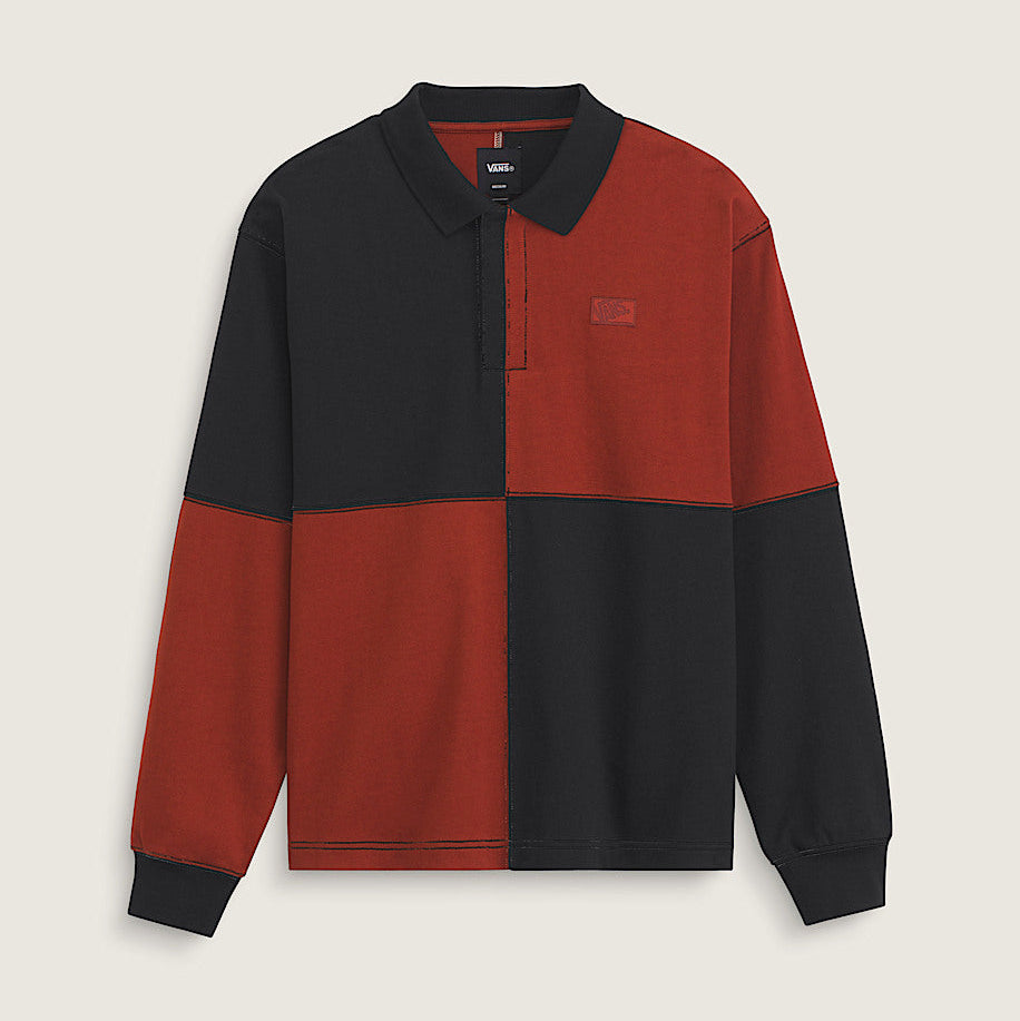 A long-sleeve rugby-style polo shirt with a color-blocked design in black and rust red, featuring a small tonal embroidered logo on the left chest, displayed on a light beige background.