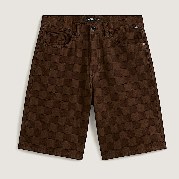 A pair of dark brown checkered shorts with a classic checkerboard pattern, laid flat against a light beige background.