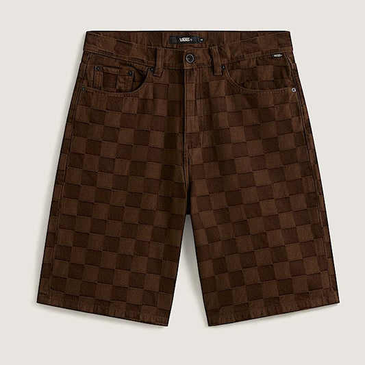 A pair of dark brown checkered shorts with a classic checkerboard pattern, laid flat against a light beige background.