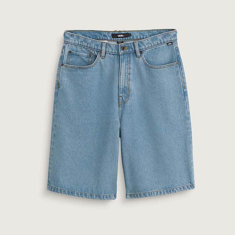 Blue denim shorts on a light gray background