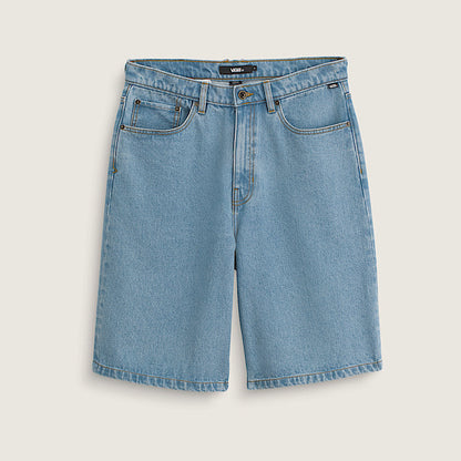 Blue denim shorts on a light gray background