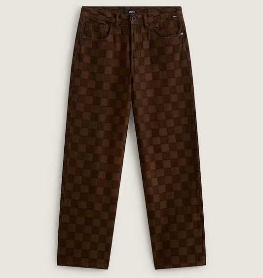 A pair of dark brown checkered trousers laid flat against a light beige background.