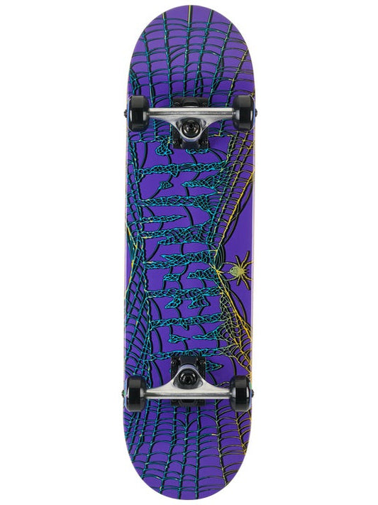 Purple and blue patterned skateboard on a white background