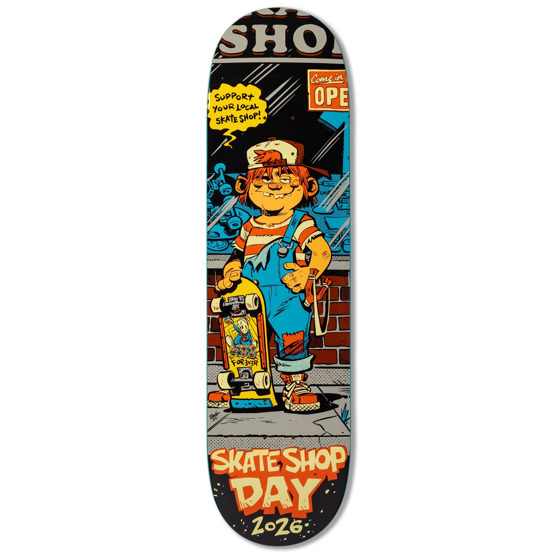 Skateboard deck with a graphic design of a character holding a skateboard, featuring text and a comic book style.