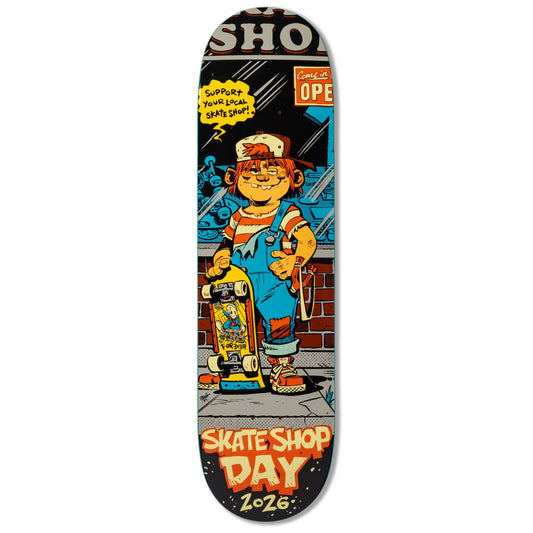 Skateboard deck with a graphic design of a character holding a skateboard, featuring text and a comic book style.