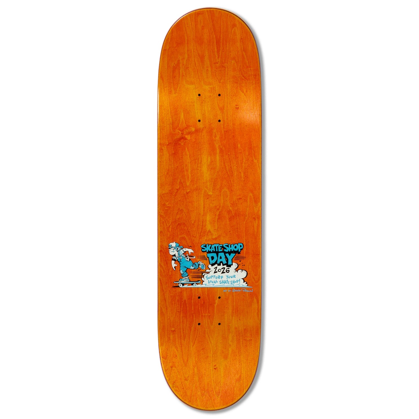 Skateboard deck with a colorful graphic on a white background