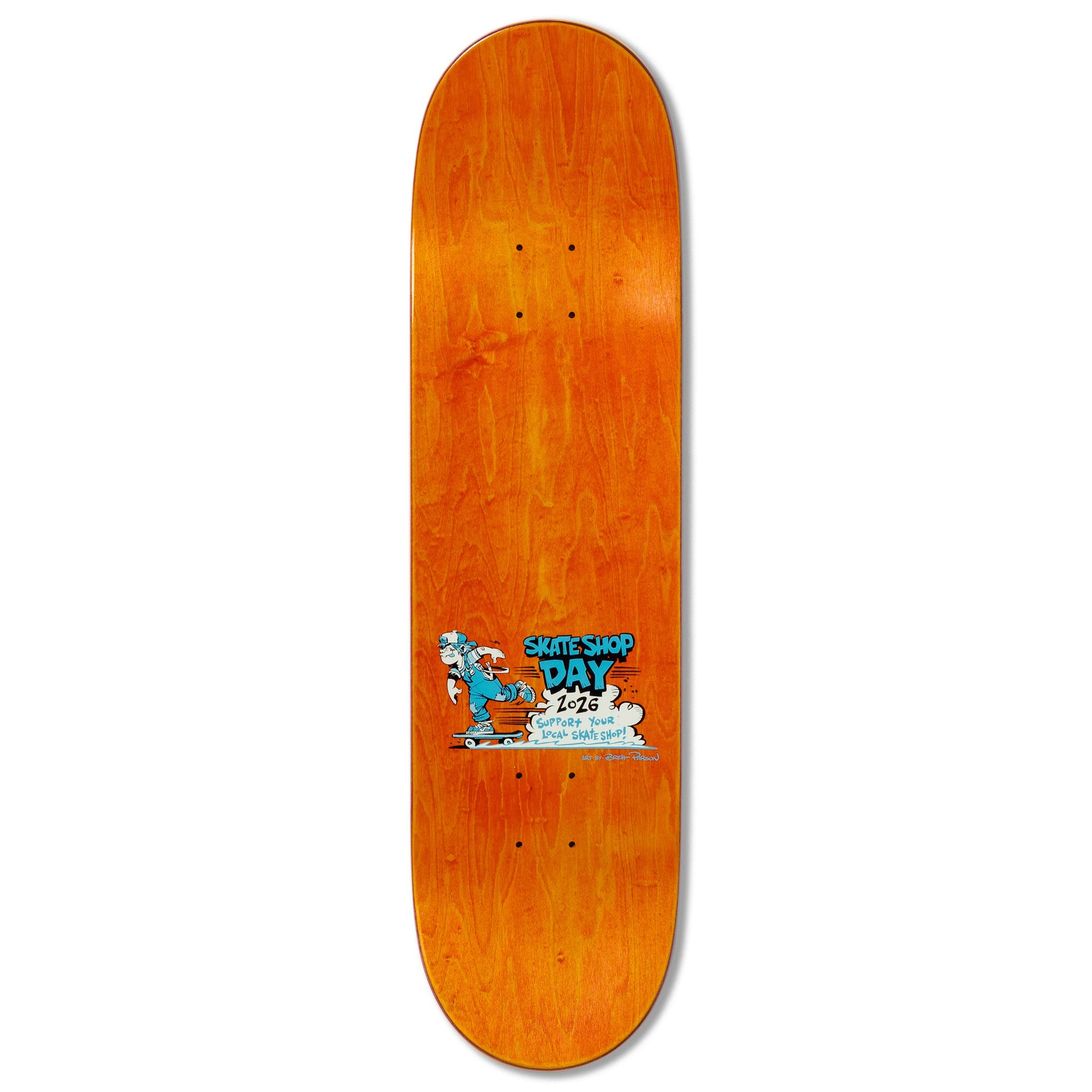 Skateboard deck with a colorful graphic on a white background