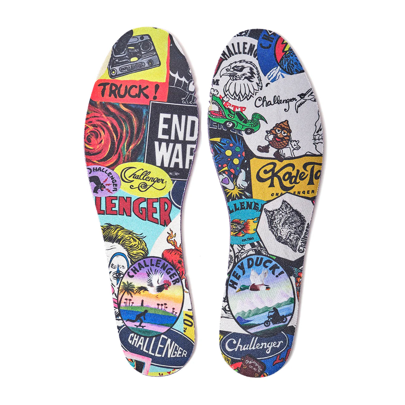 Colorful insole with various graphics and text on a white background