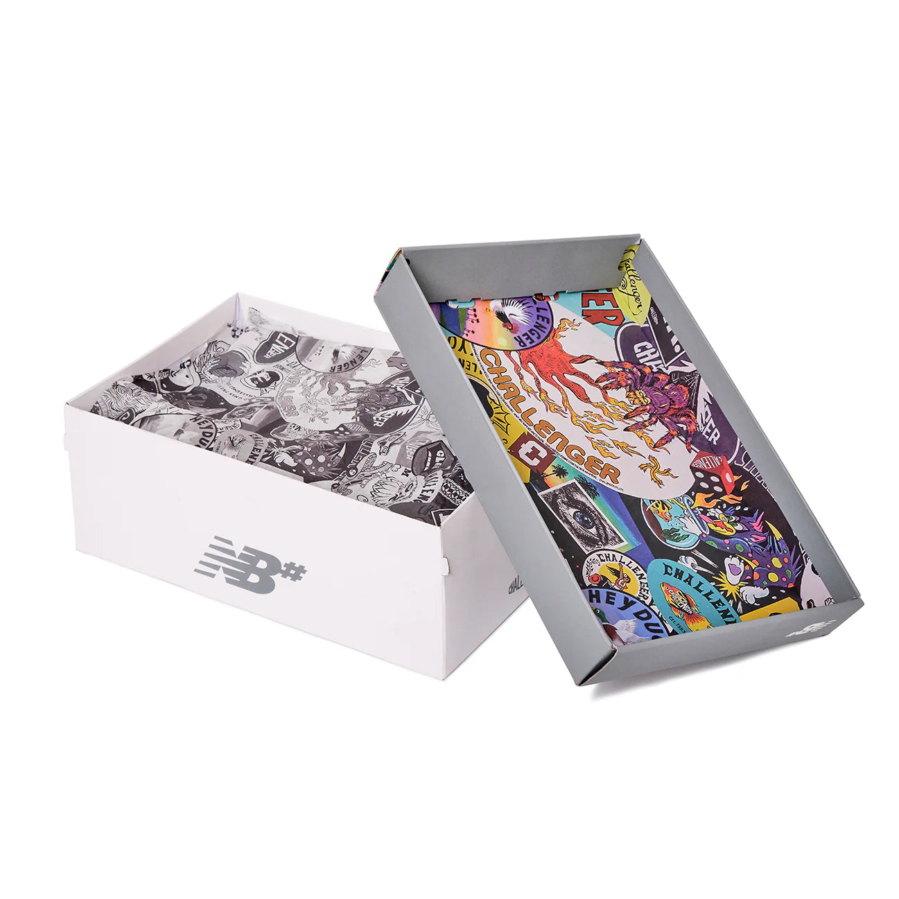 Two open boxes with patterned contents on a white background