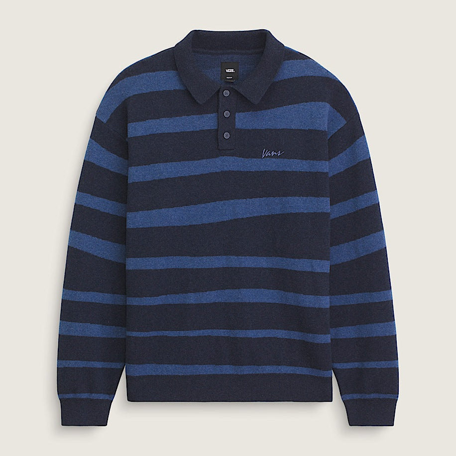 Navy and blue striped long-sleeve polo shirt on a light gray background