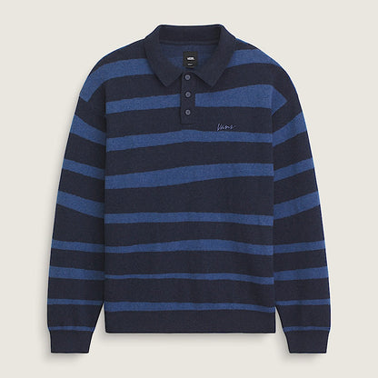 Navy and blue striped long-sleeve polo shirt on a light gray background