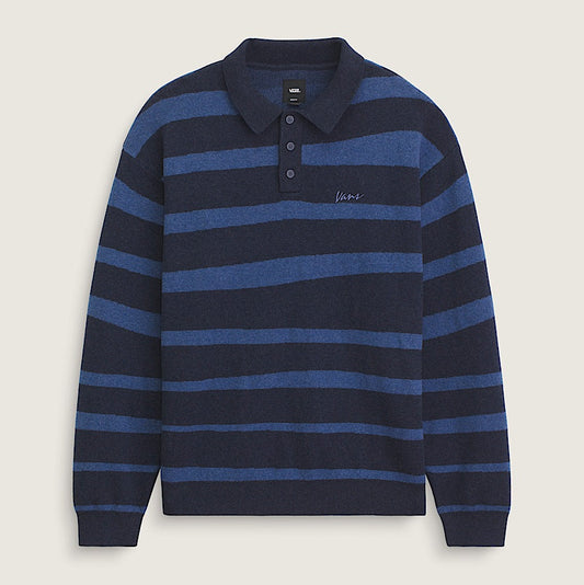 Navy and blue striped long-sleeve polo shirt on a light gray background
