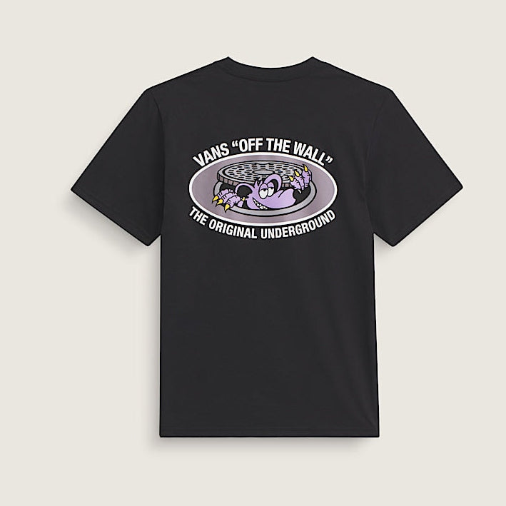 Black t-shirt with a graphic design on the back against a light gray background