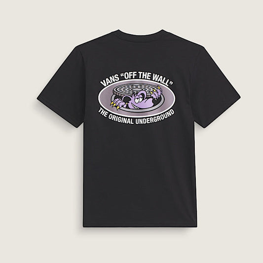 Black t-shirt with a graphic design on the back against a light gray background